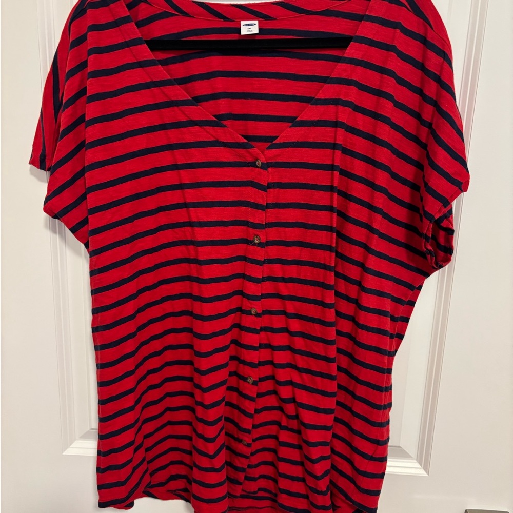 Red and Navy Striped Button-Up Top